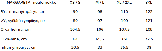 Margareta merinovilla neulemekon kokotaulukko. Taulukossa yhdistetyt koot.